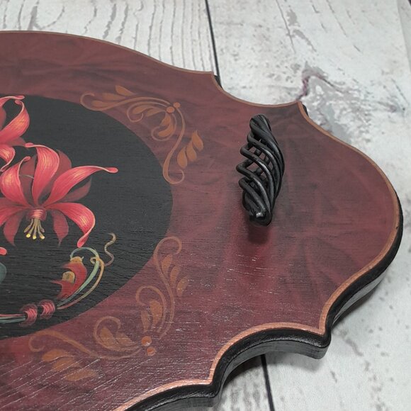 Wood Tray Hand Painted Floral Metal Handles Footed Artist Signed - Picture 3 of 11